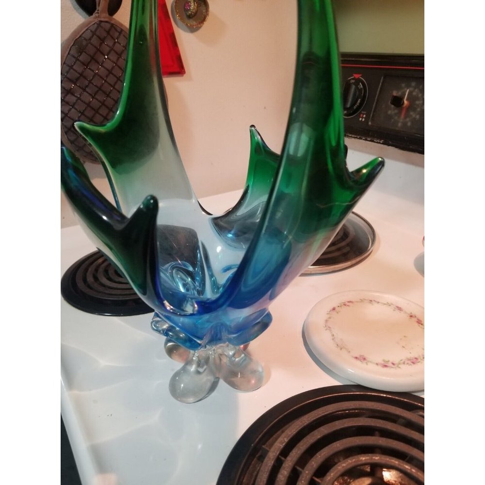 Stunner Lorraine cross-tip basket 17" Tall Blue Green Mid Century - Picture 10 of 10